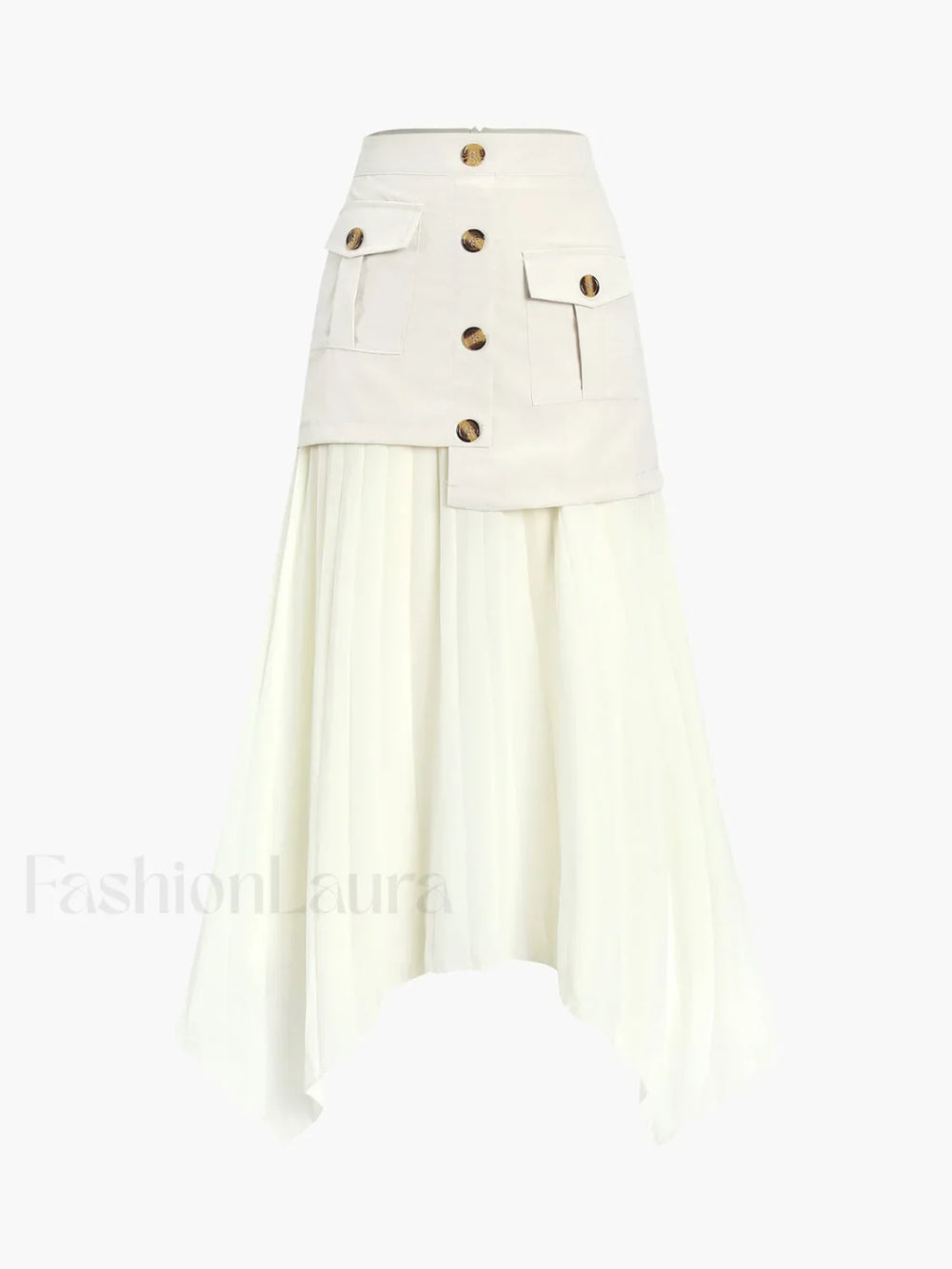 Patchwork Asymmetrical Pleated Trendy Buttoned Midi Skirt Skirts