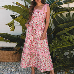 Patchwork Bow Tie Floral Dress 03 Print / S