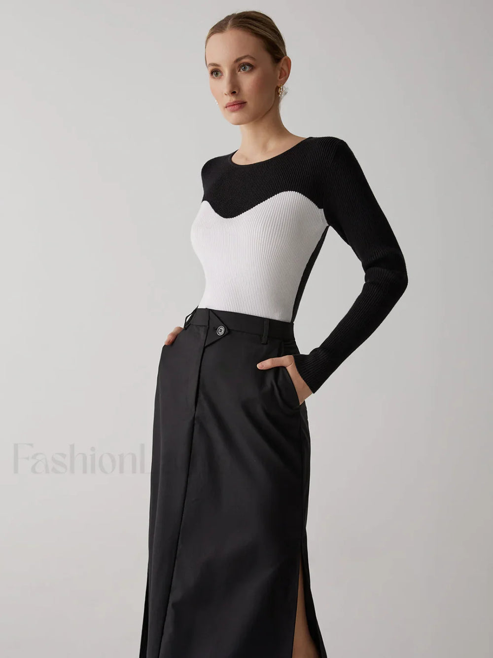 Patchwork Contrast Graceful Crew Neck Sweater Sweaters L