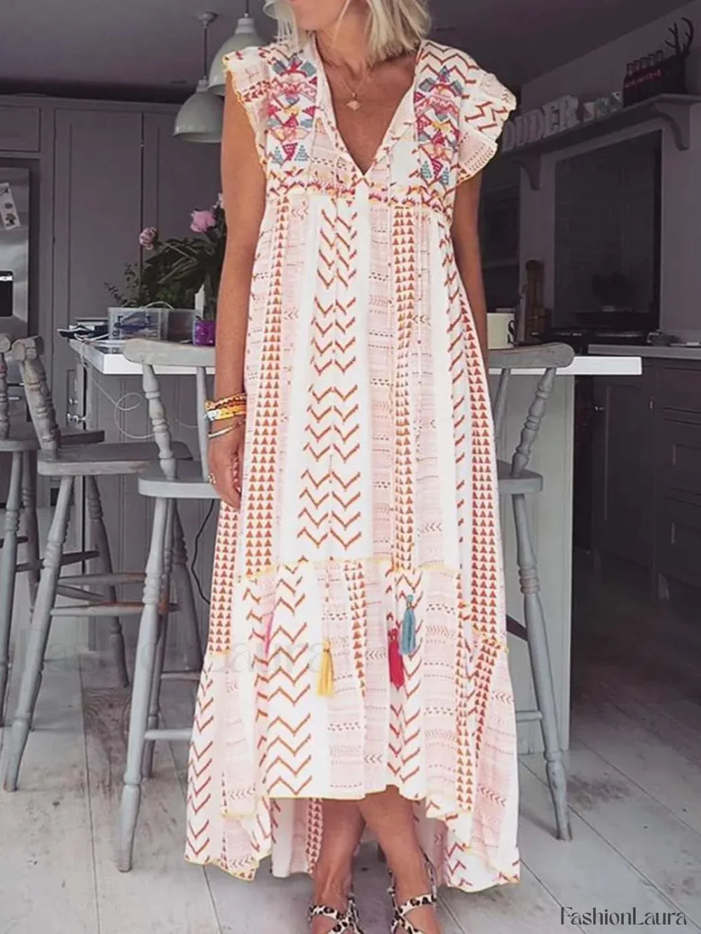 Patchwork Flying Sleeve Boho Dress pink / S