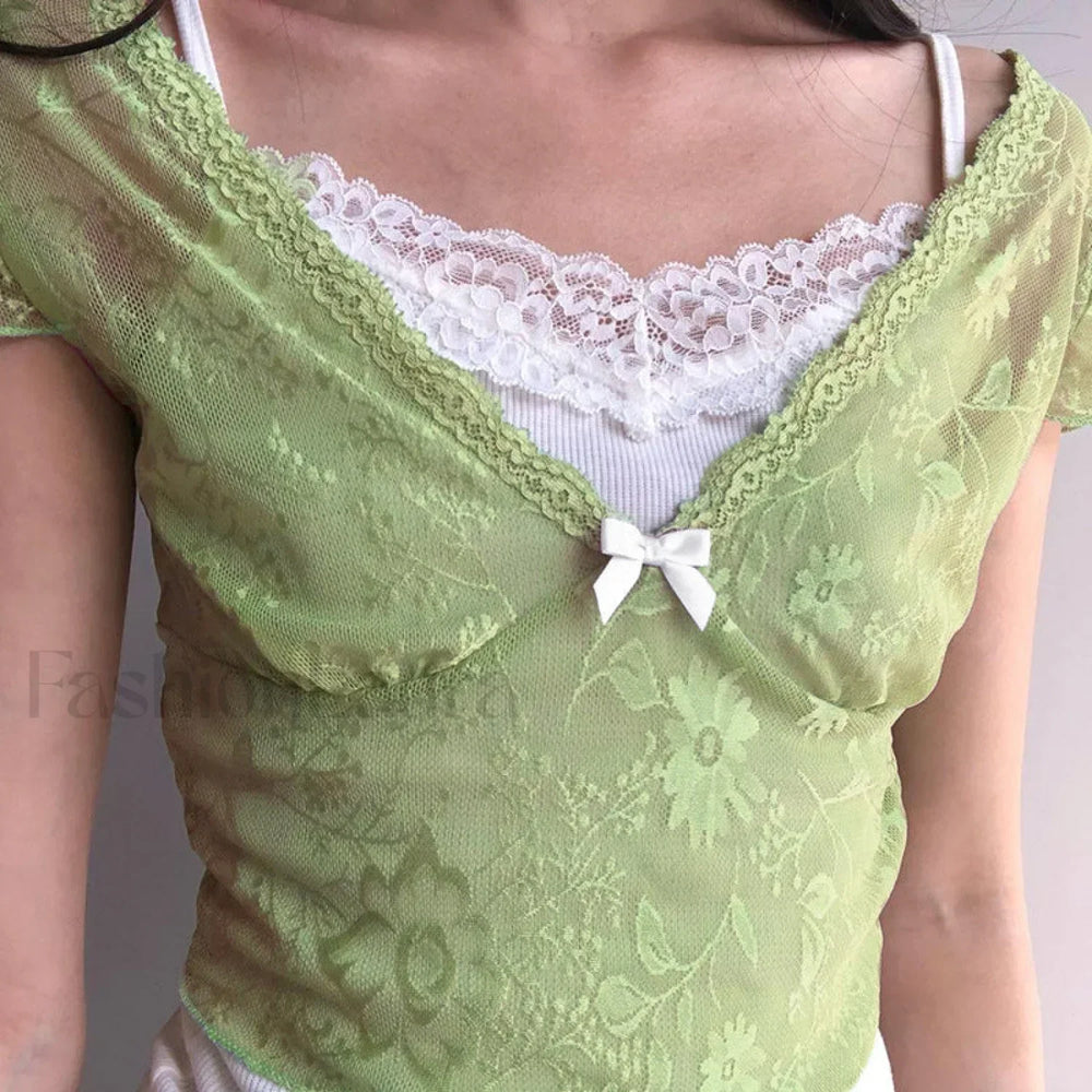 Patchwork Lace Crop Top Green / S Tops&Tees