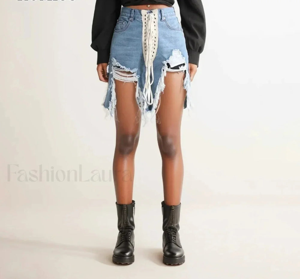 Patchwork Lace Up High Waist Spliced Slimming Denim Short BLUE / S