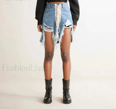 Patchwork Lace Up High Waist Spliced Slimming Denim Short BLUE / S