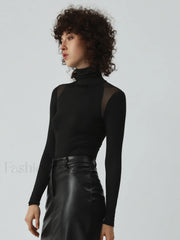 Patchwork Mesh Turtleneck Long Sleeve Bodysuit Bodysuits