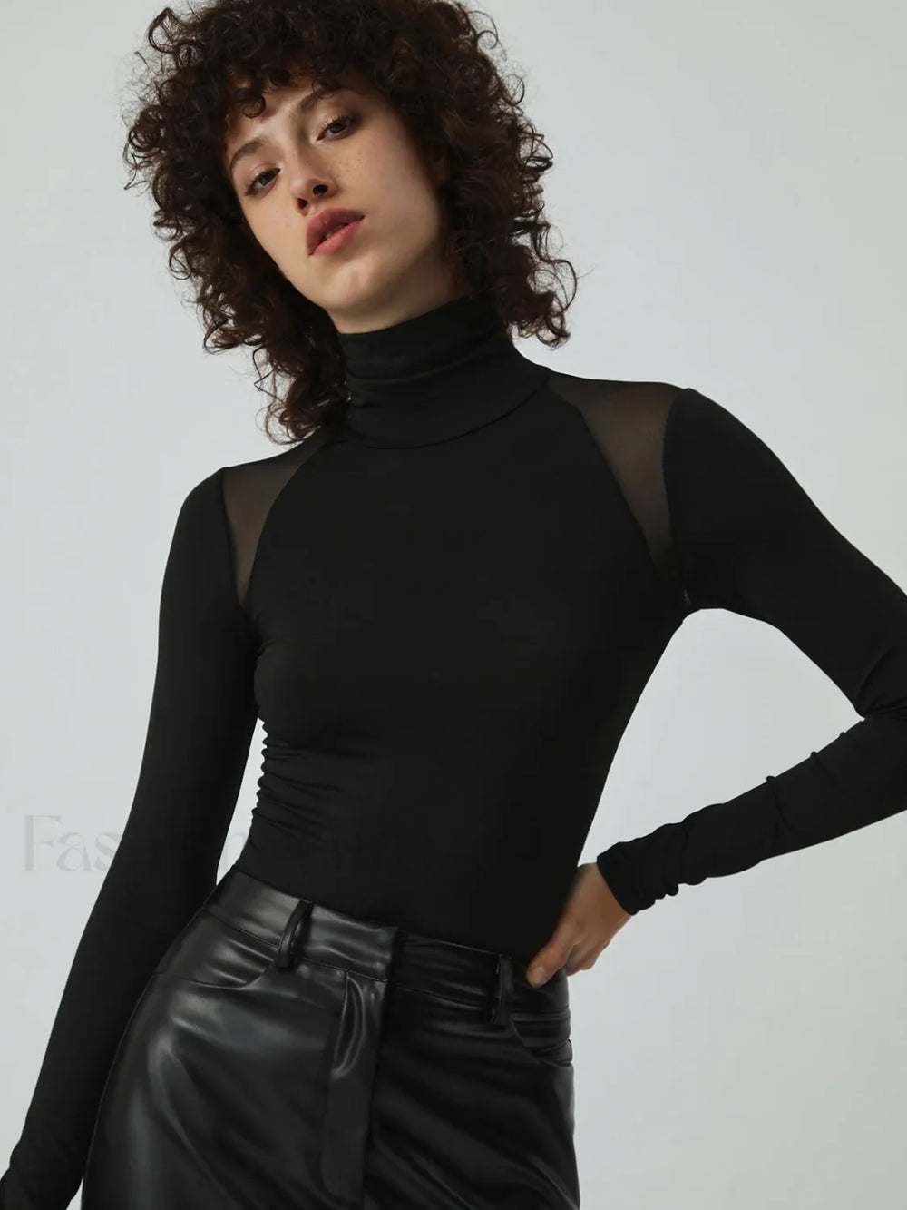 Patchwork Mesh Turtleneck Long Sleeve Bodysuit Black / XS Bodysuits