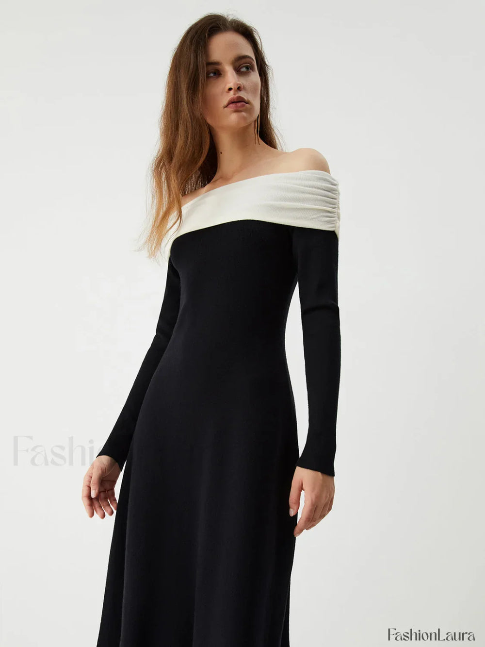 Patchwork Off Shoulder Long Modern Sleeve Long Sweater Dress Sweaters L