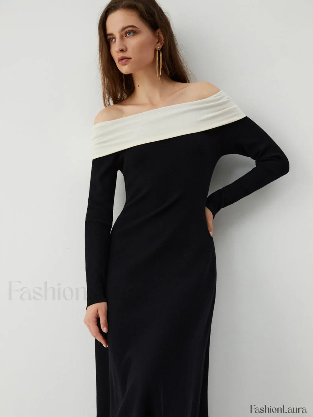 Patchwork Off Shoulder Long Modern Sleeve Long Sweater Dress Sweaters L