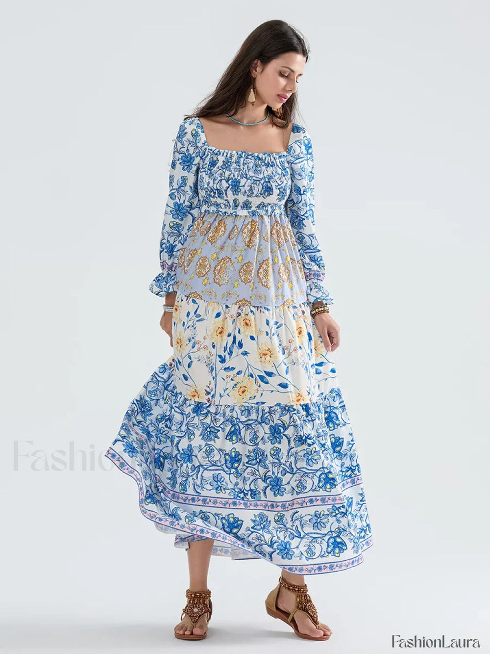 Patchwork Puff Sleeve Boho Dress blue / S