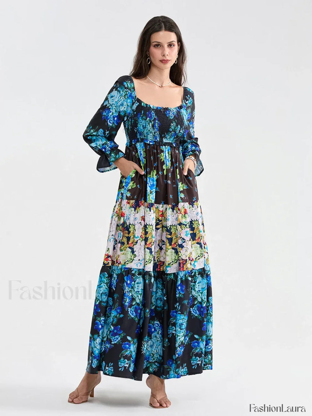 Patchwork Puff Sleeve Boho Dress green / S