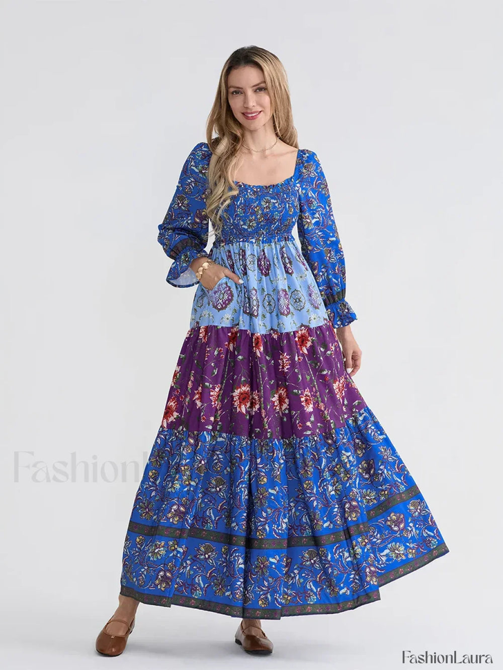 Patchwork Puff Sleeve Boho Dress purple / S