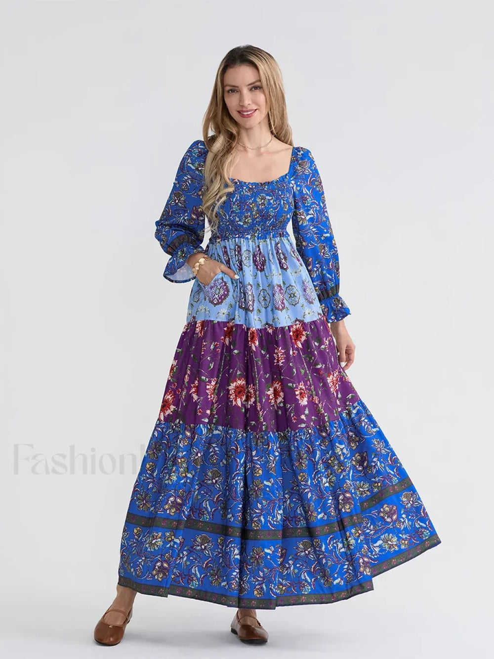 Patchwork Puff Sleeve Boho Dress purple / S