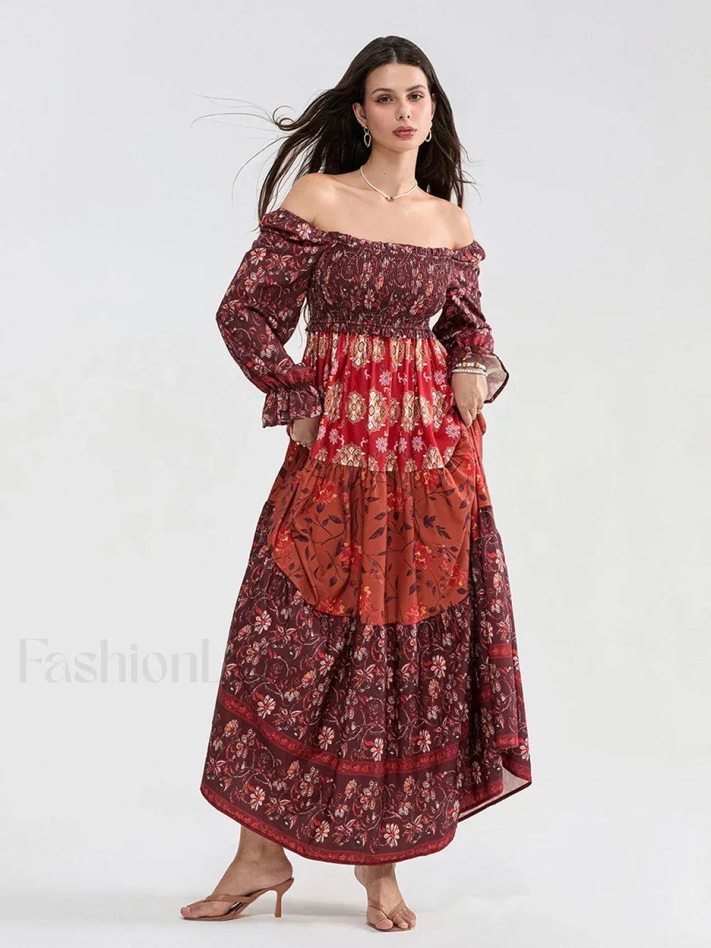 Patchwork Puff Sleeve Boho Dress red / S