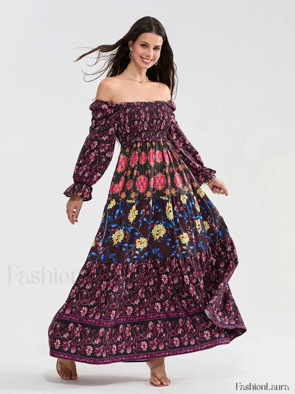 Patchwork Puff Sleeve Boho Dress wine / S