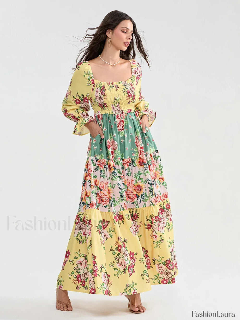 Patchwork Puff Sleeve Boho Dress yellow / S
