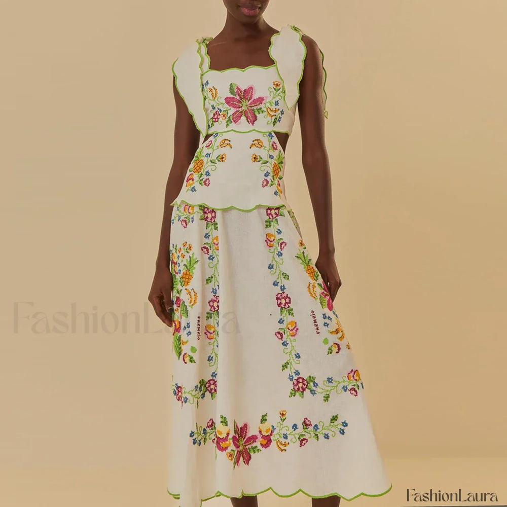 Patchwork Square Collar Boho Dress WHITE / S