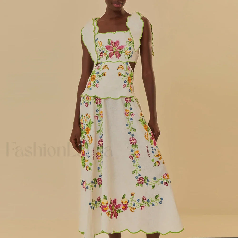 Patchwork Square Collar Boho Dress WHITE / S