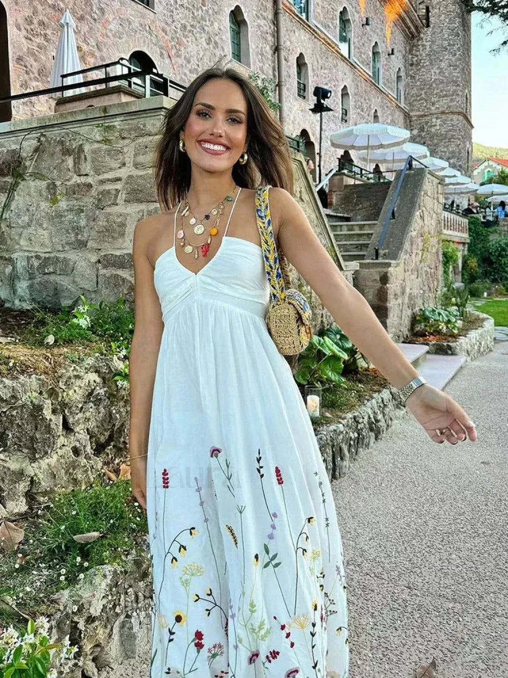 Patchwork Square Collar Boho Dress WHITE / XS