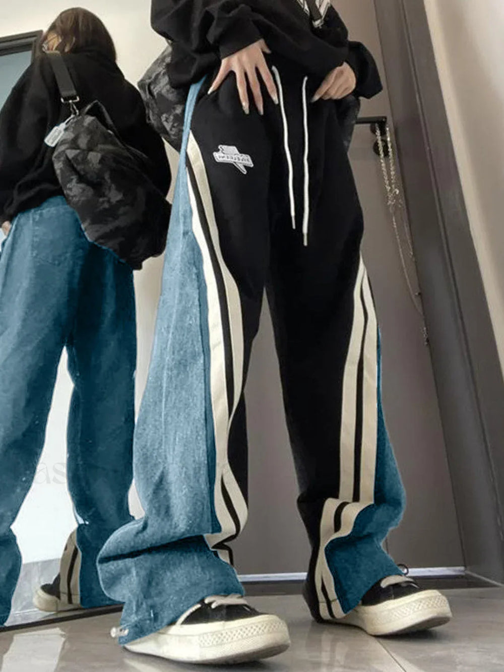 Patchwork Striped Baggy Boyfriend Jeans Black / M Boyfriend Jeans