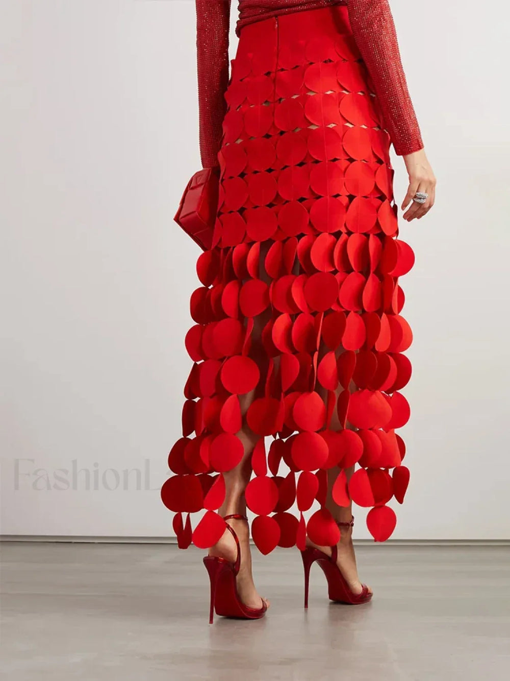 Patchwork Tassel Midi Skirt Red / S