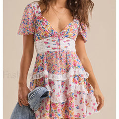 Patchwork Tiered Floral Dress purple / S