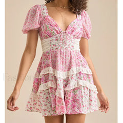 Patchwork Tiered Floral Dress red / S