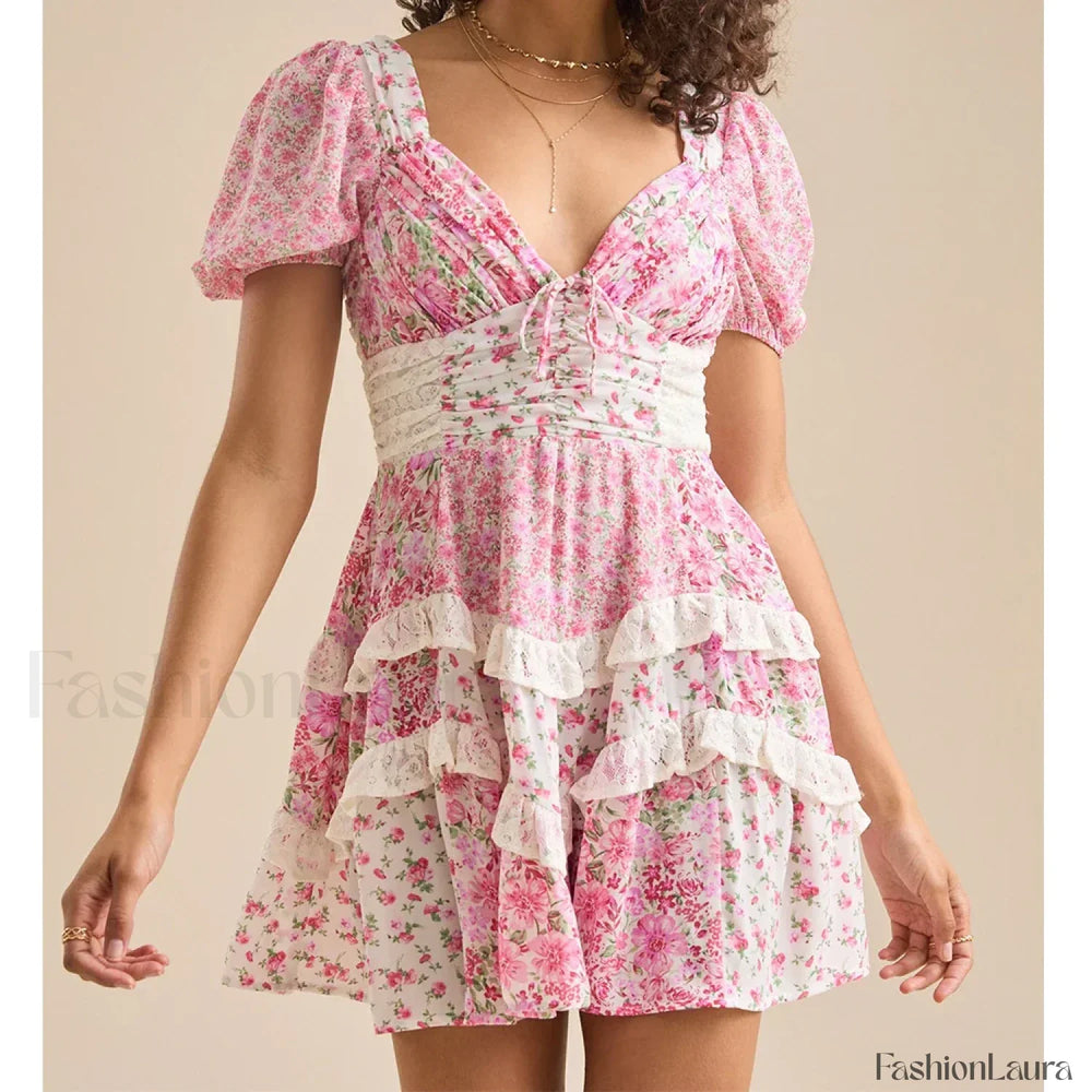 Patchwork Tiered Floral Dress red / S