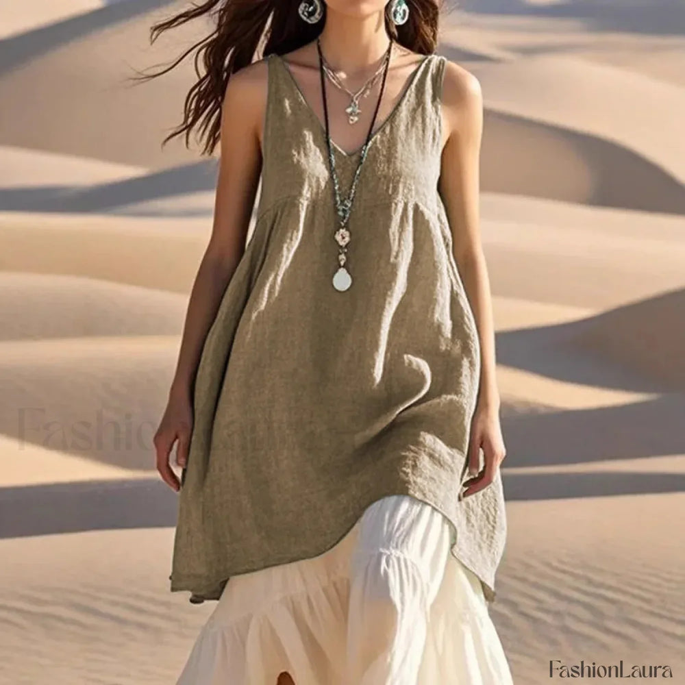 Patchwork Two Piece Boho Dress Khaki / S