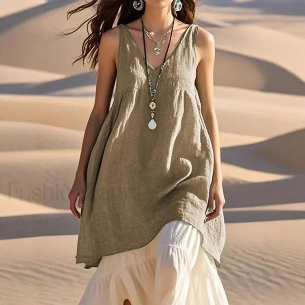 Patchwork Two Piece Boho Dress Khaki / S