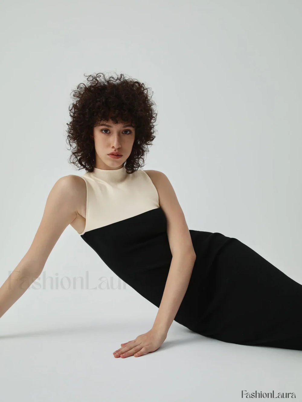 Patchwork Two Tone Mock Modern Neck Midi Sweater Dress Sweaters L