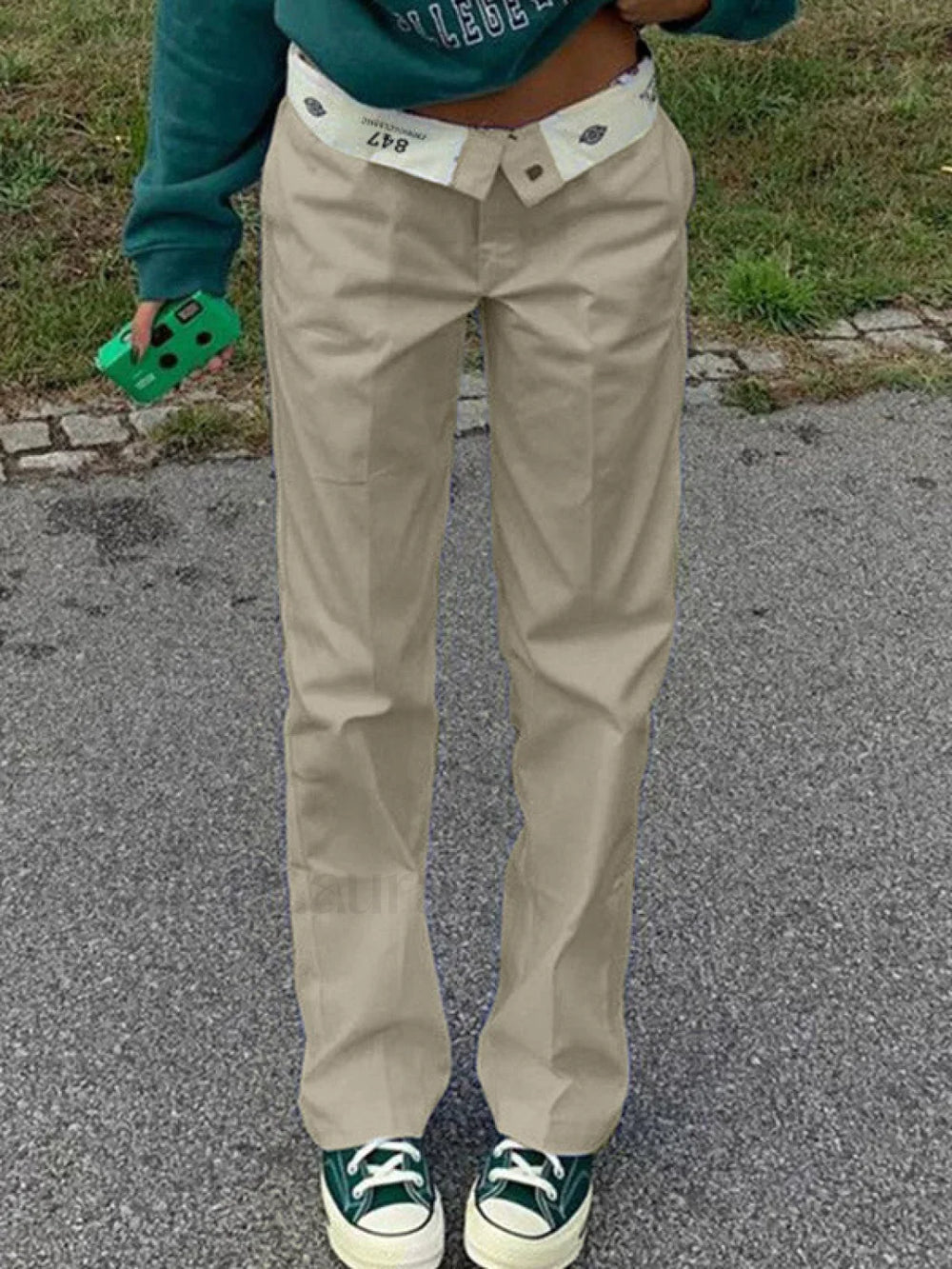 Patchwork Waist Straight Leg Pants Apricot / S Straight Leg Pants