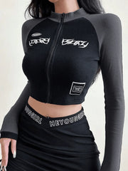 Patchwork Zip Up Long Sleeve Crop Top Tops&Tees