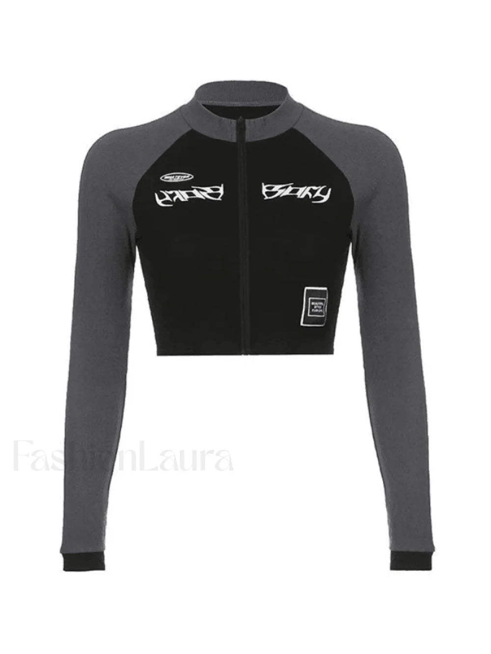 Patchwork Zip Up Long Sleeve Crop Top Tops&Tees