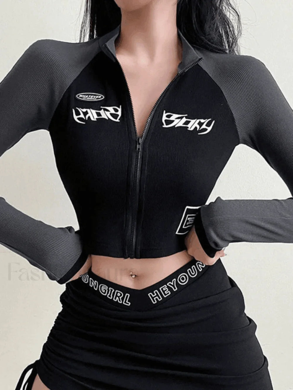 Patchwork Zip Up Long Sleeve Crop Top Black / S Tops&Tees