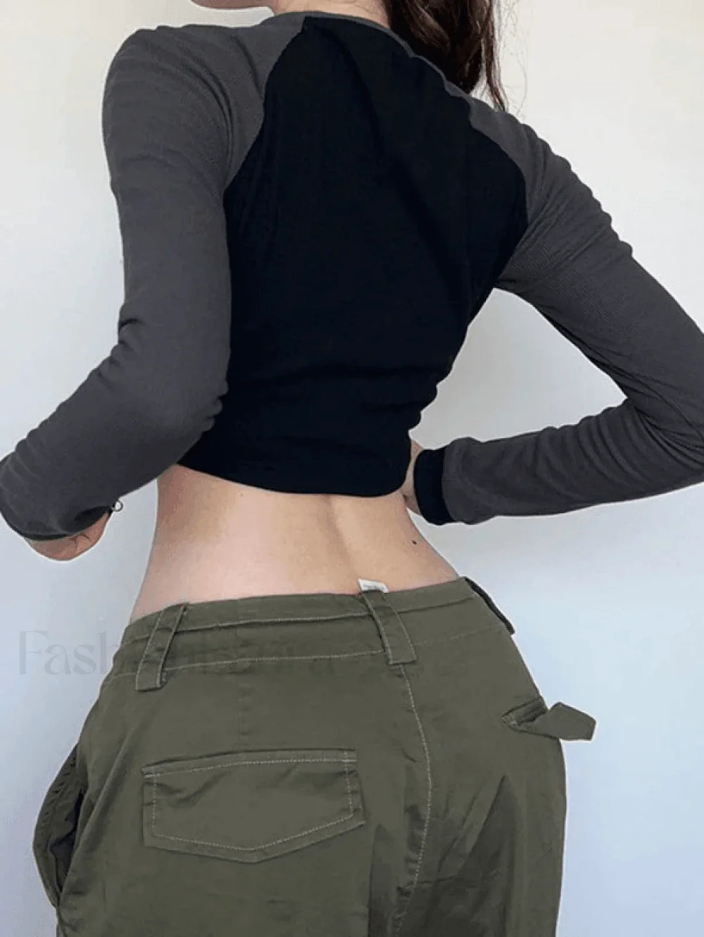 Patchwork Zip Up Long Sleeve Crop Top Tops&Tees