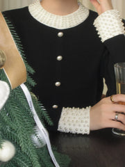 Pearl Beaded Contrast Trendy Trim Button Knit Top Sweaters L