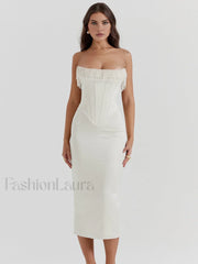 Pearl Decor Graceful Strapless Midi Dress Off White / XS Dresses