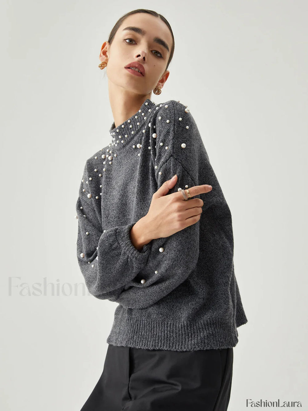Pearl Embellished Graceful Mock Neck Sweater Sweaters L