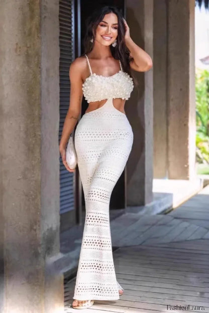 Pearl Embellished Hollow Chest Strappy Maxi Dress Off white / S