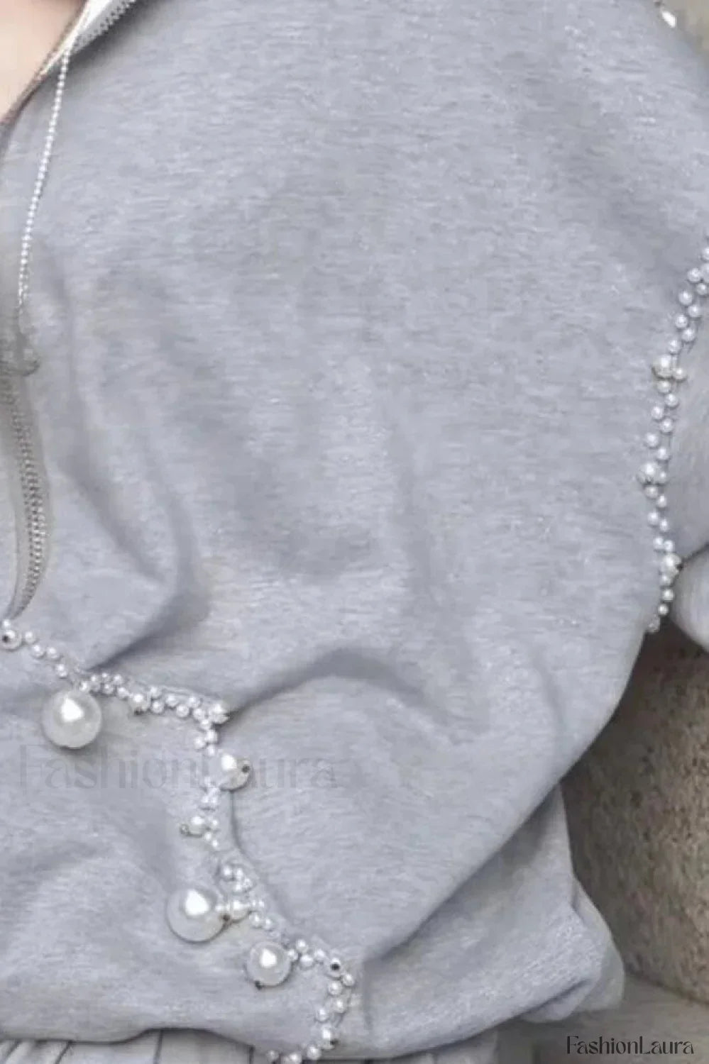 Pearl Embellished Hooded Zipper Hoodie