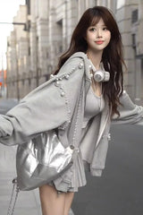 Pearl Embellished Hooded Zipper Hoodie