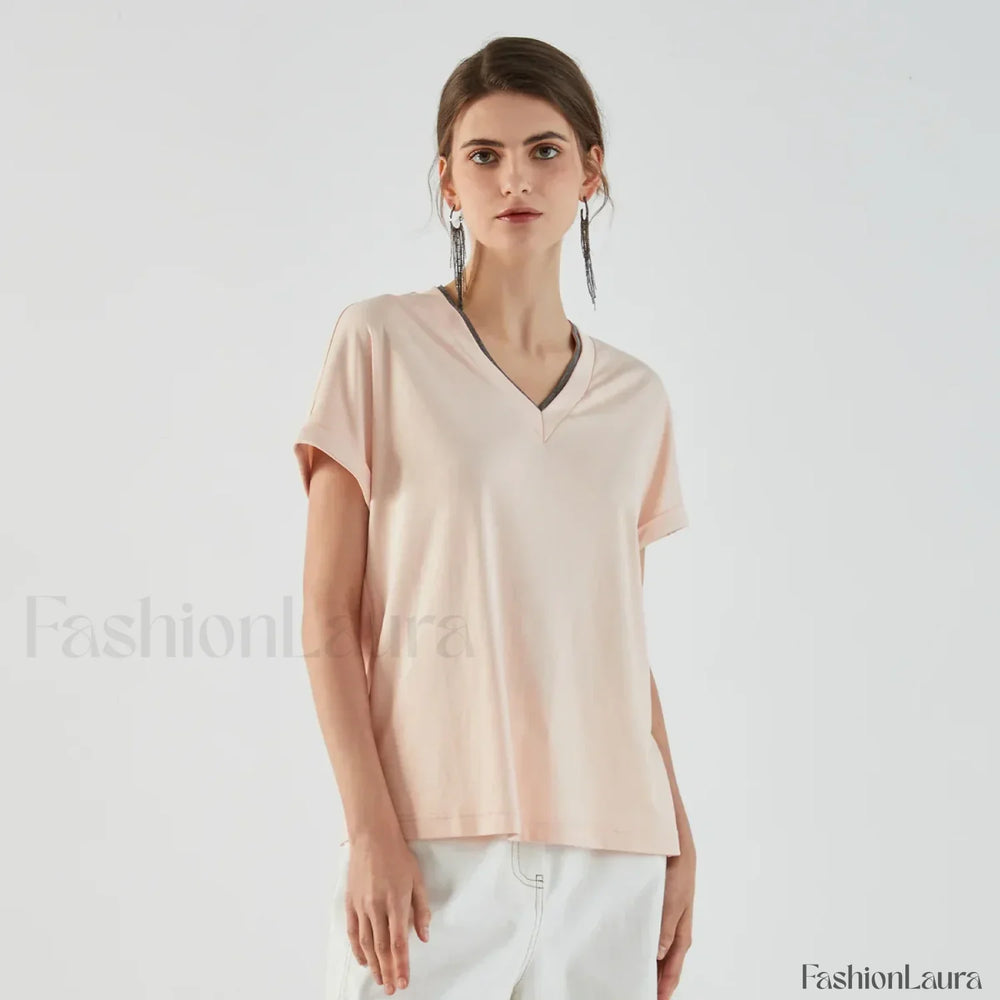 Pima Cotton V Neck Casual T Shirt light pink / S