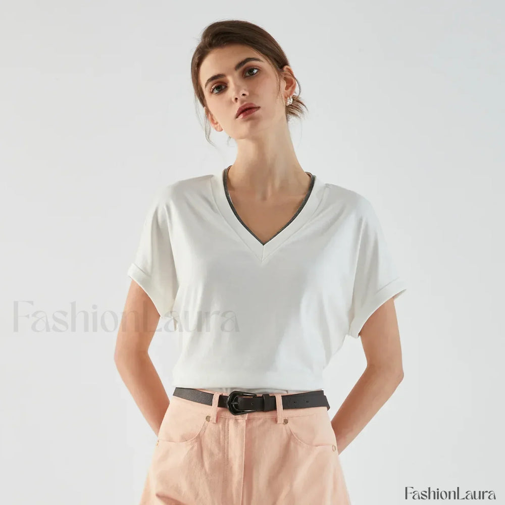 Pima Cotton V Neck Casual T Shirt Rice white / S