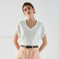 Pima Cotton V Neck Casual T Shirt Rice white / S