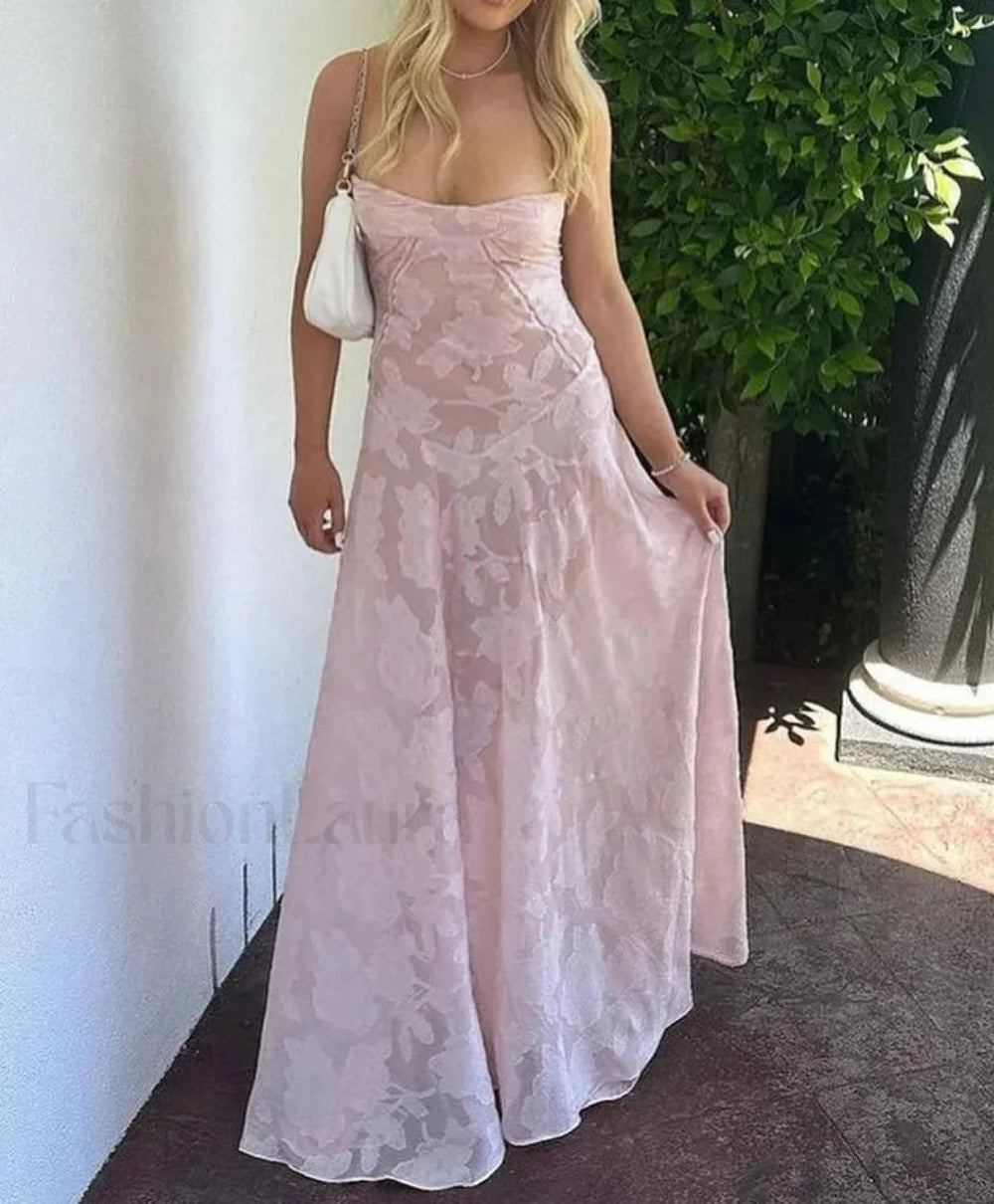 Pink Embroidered Maxi Floral Dress Pink / S