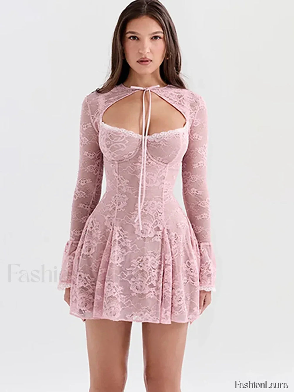 Pink Floral Flare Sleeve Mini Dress Pink / S
