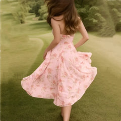 Pink Halter Pleated Floral Dress