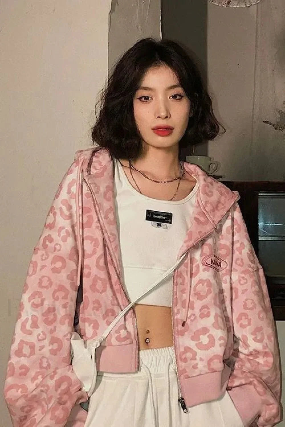 Pink Leopard Print Hooded Zip up Hoodie