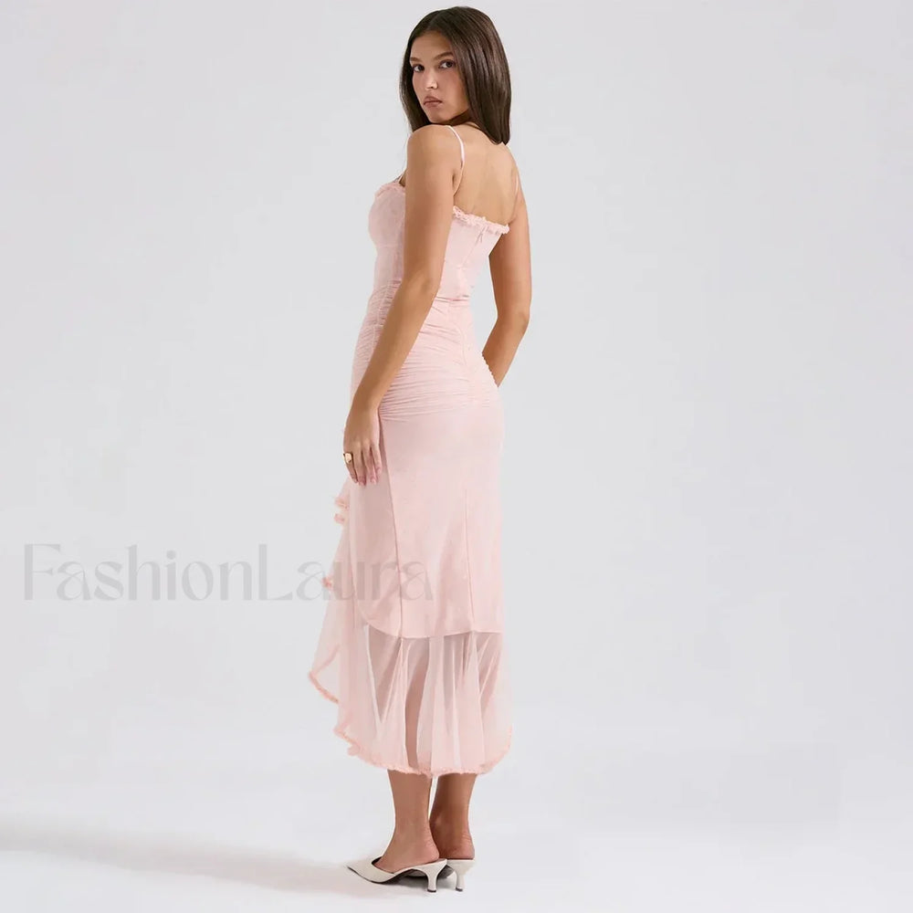 Pink Mesh Mermaid Midi Dress