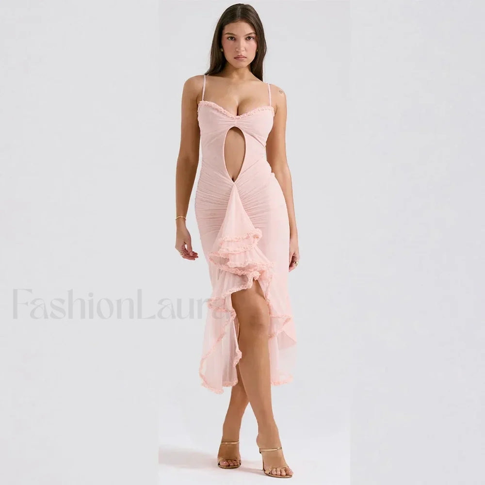 Pink Mesh Mermaid Midi Dress Pink / XS