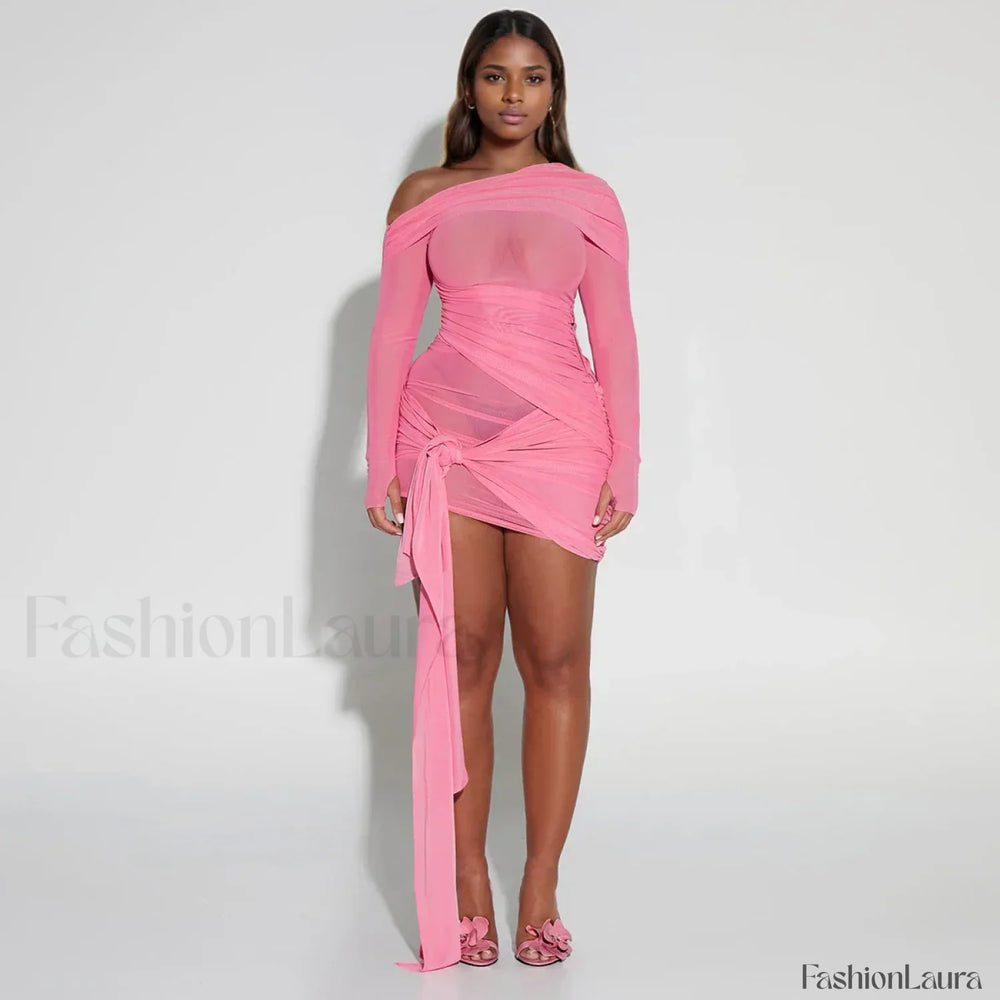 Pink One Shoulder Mesh Mini Dress